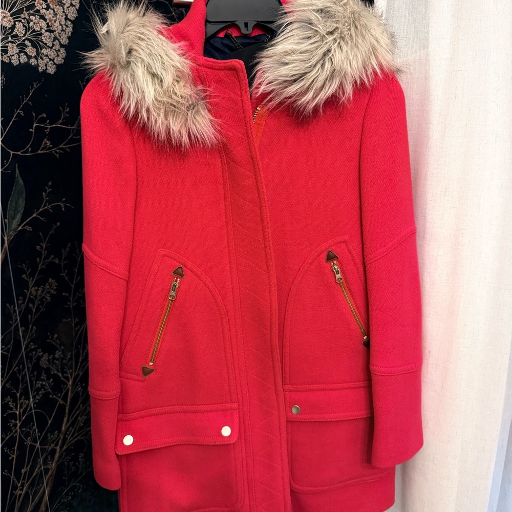 J. Crew Red Puffer Coat with Fur Trim